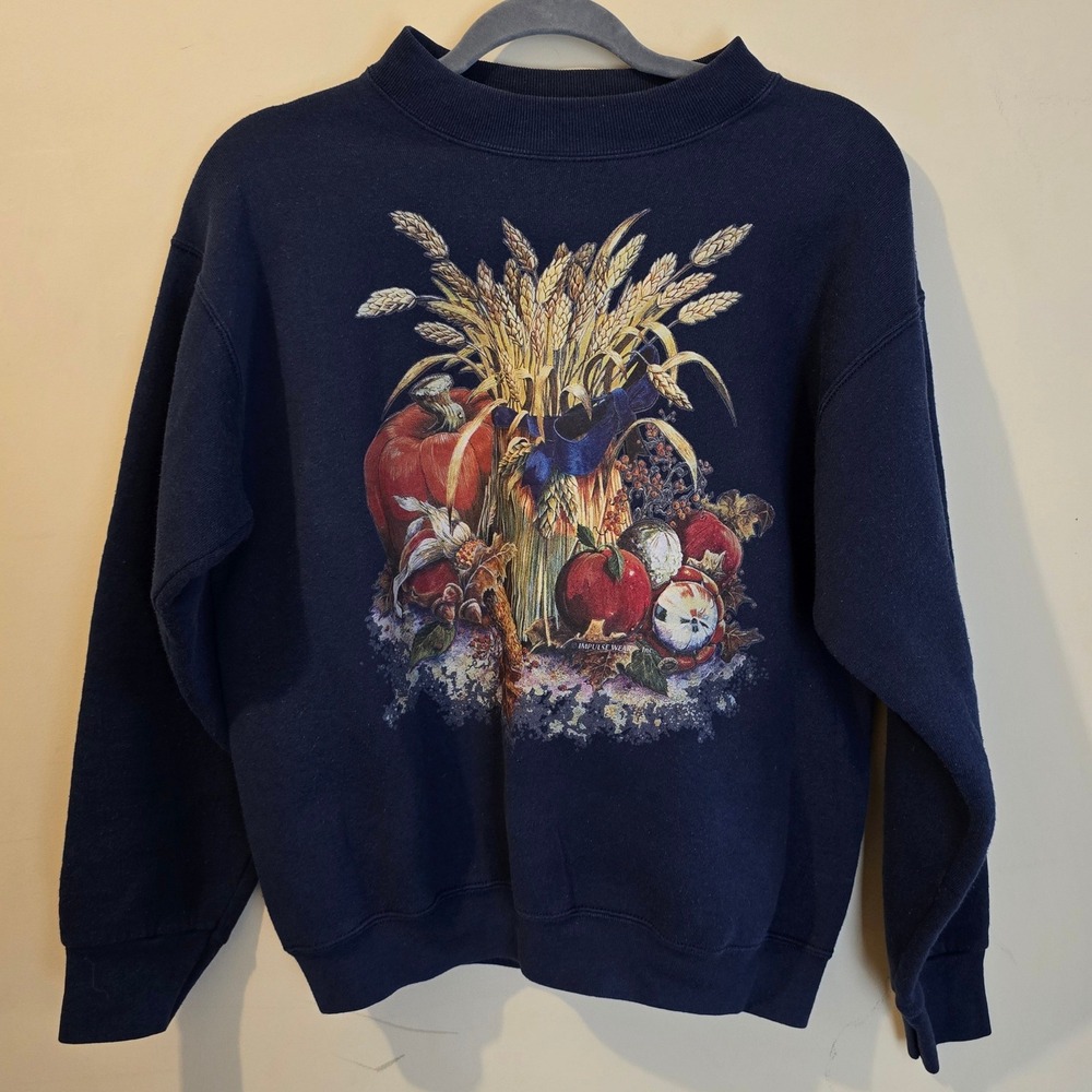 Vintage 90s Fruit of the Loom Sweatshirt Women Medium Navy Harvest Fall Graphic